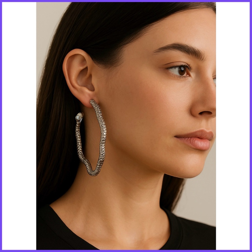 Noir Silver Snake | Reptilian Hoop Earrings
